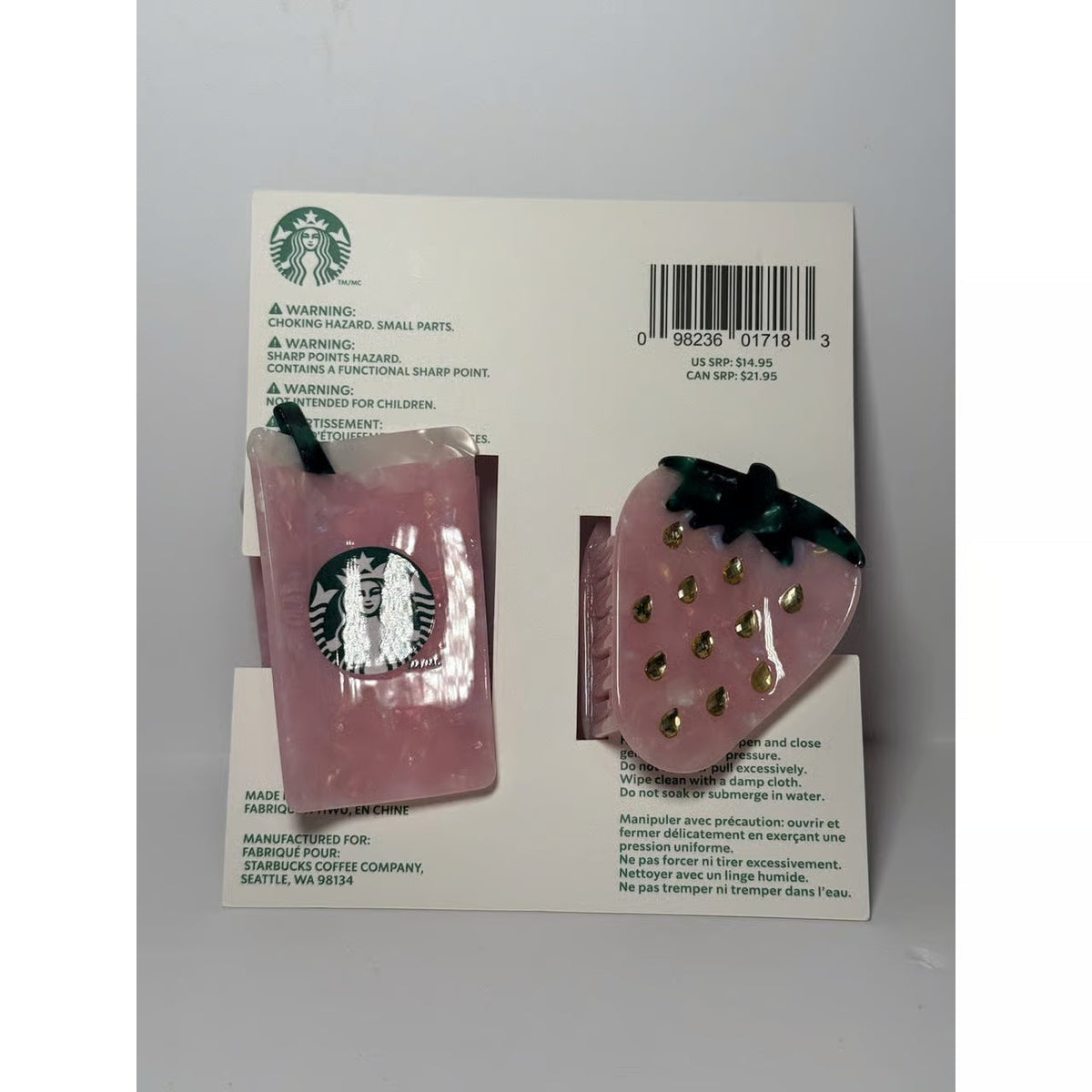 Starbucks Pink Strawberry & Cup Acetate Hair Claw Clips Set