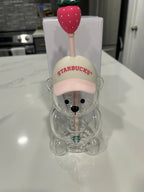 Starbucks 2026 Pink Bearista Glass Cup with Strawberry Topper 20oz