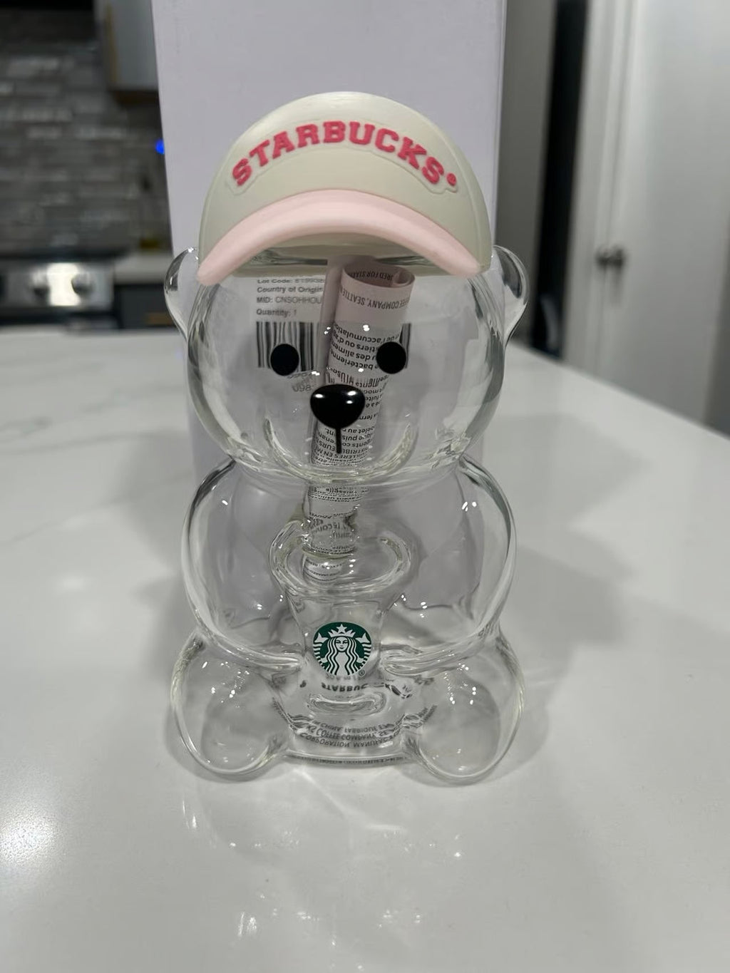 Starbucks 2026 Pink Bearista Glass Cup with Strawberry Topper 20oz