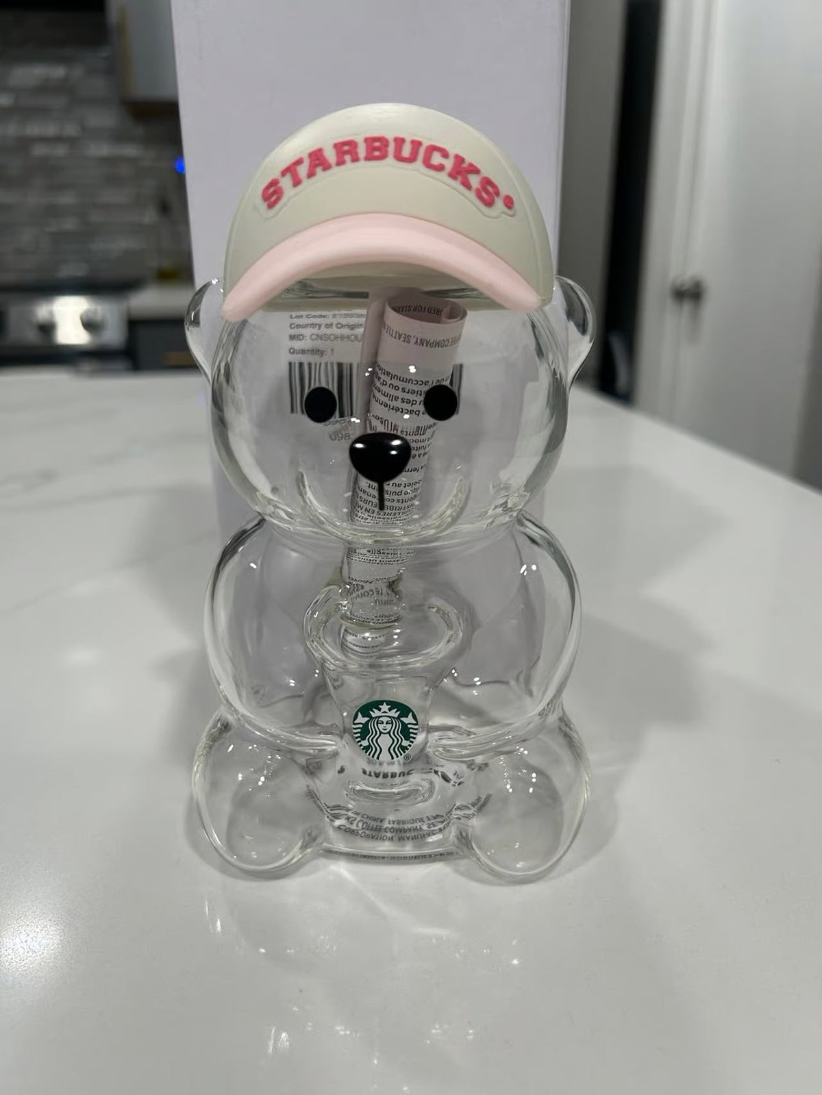 Starbucks 2026 Pink Bearista Glass Cup with Strawberry Topper 20oz