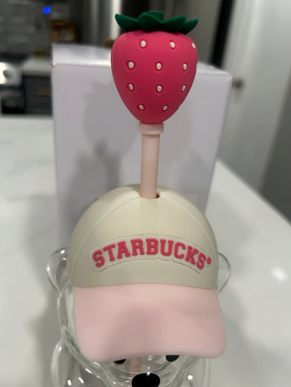 Starbucks 2026 Pink Bearista Glass Cup with Strawberry Topper 20oz