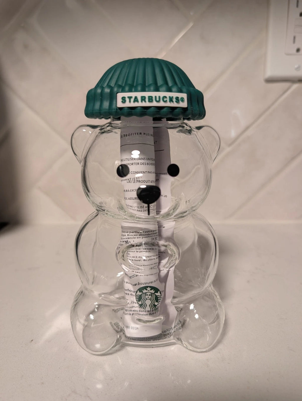 Starbucks Teddy Bear Bearista Barista Green Hat Glass Cold Cup 20oz USA Limited