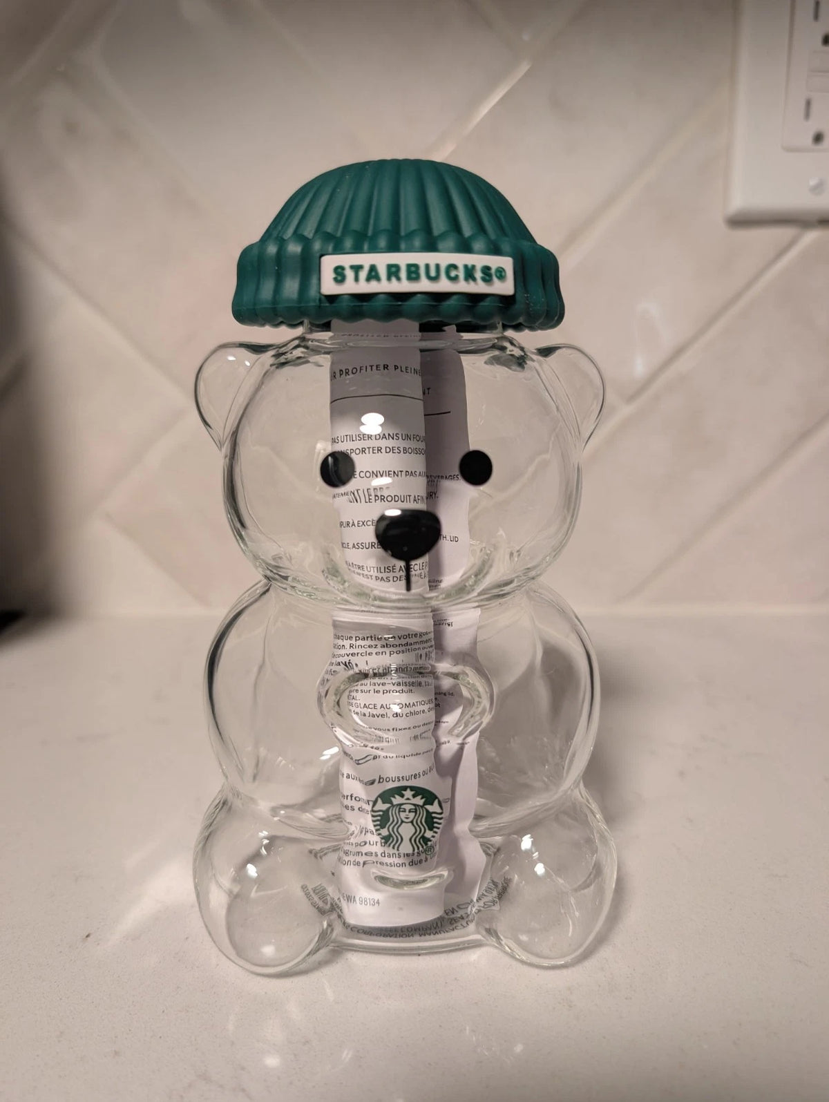 Starbucks Teddy Bear Bearista Barista Green Hat Glass Cold Cup 20oz USA Limited