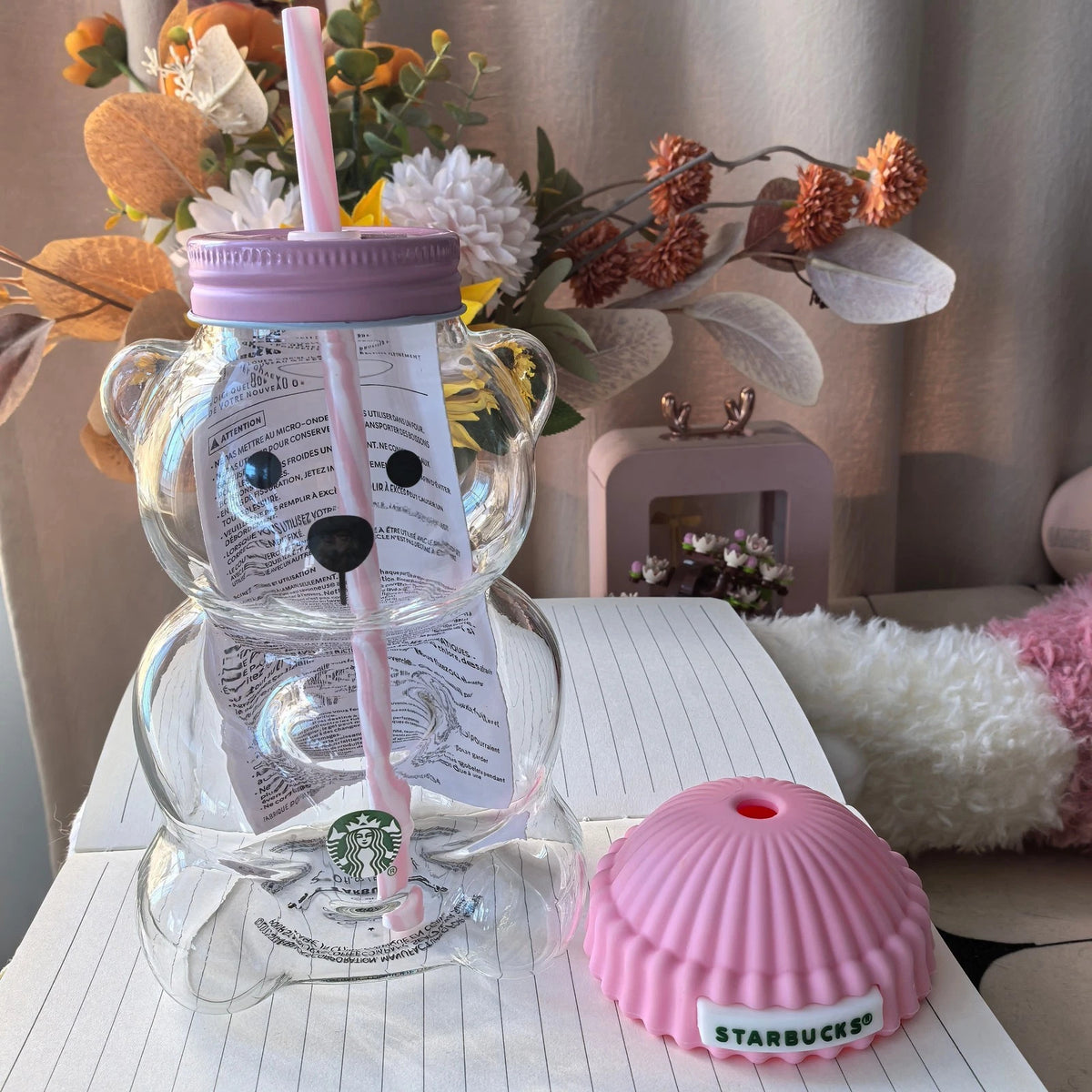 2026 Starbucks Bearista Pink Bear Glass Tumbler Cold Cup with Straw 20oz 591ml