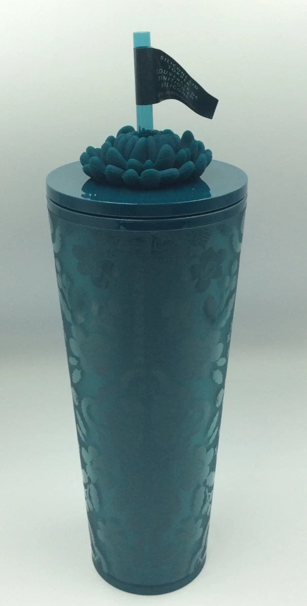 Starbucks Cold Tumbler Fall 2025 Blue/Green Floral Silicone Straw Charm 24oz
