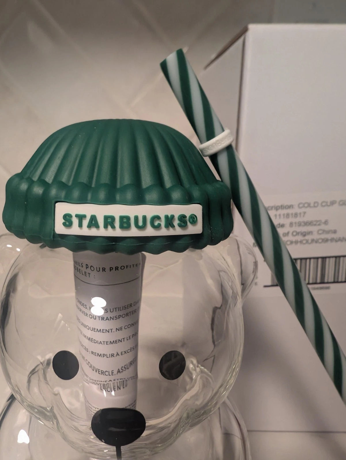 Starbucks Teddy Bear Bearista Barista Green Hat Glass Cold Cup 20oz USA Limited