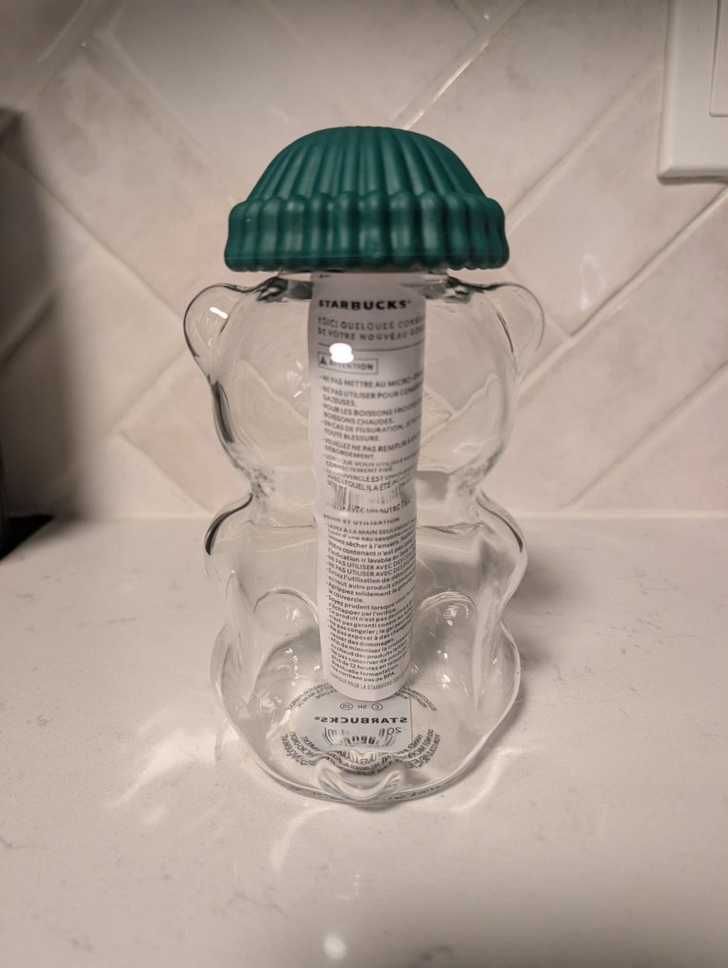 Starbucks Teddy Bear Bearista Barista Green Hat Glass Cold Cup 20oz USA Limited