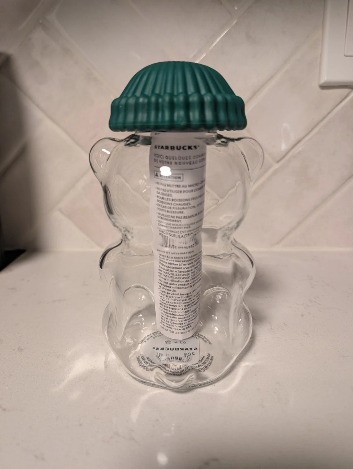 Starbucks Teddy Bear Bearista Barista Green Hat Glass Cold Cup 20oz USA Limited
