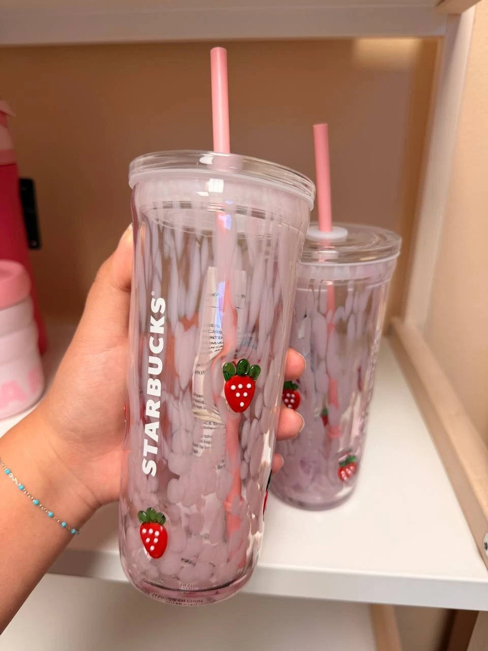 Starbucks Pink Vibes Strawberry Glass Cold Cup 16oz New Collection Cute Gift Mug