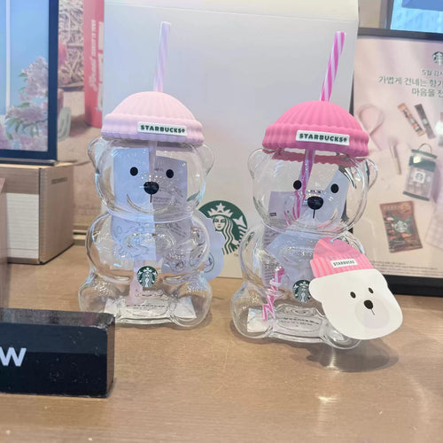 2026 Starbucks Bearista Pink Bear Glass Tumbler Cold Cup with Straw 20oz 591ml