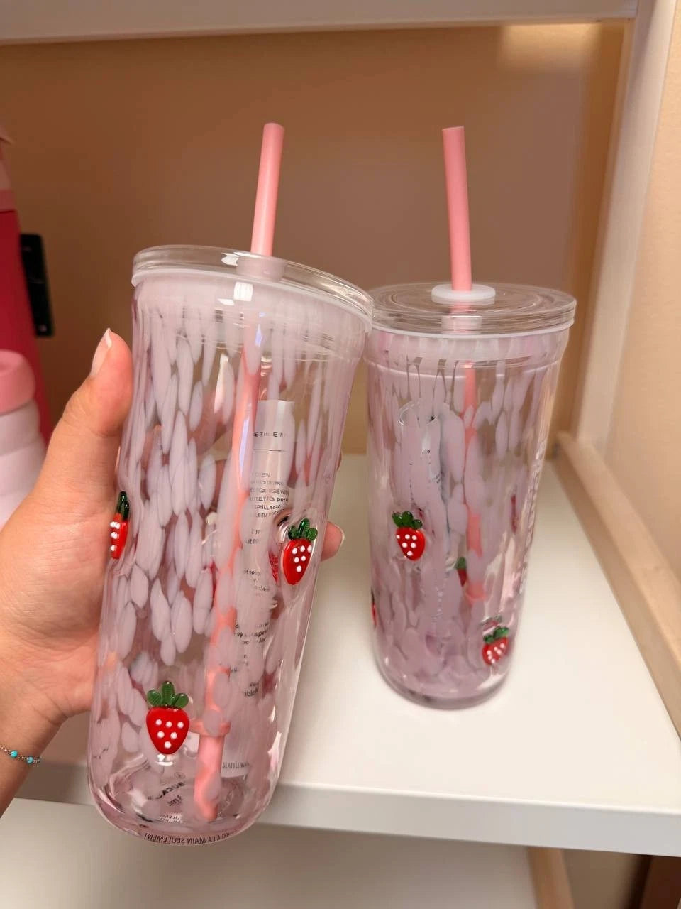 Starbucks Pink Vibes Strawberry Glass Cold Cup 16oz New Collection Cute Gift Mug